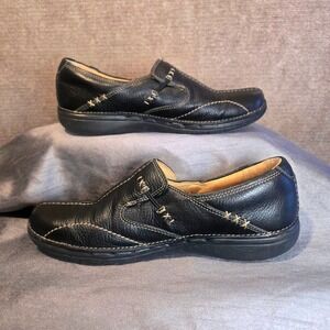 Unstructured by Clarks Women Black Leather Button Slip On Comfort Shoes Size 9N